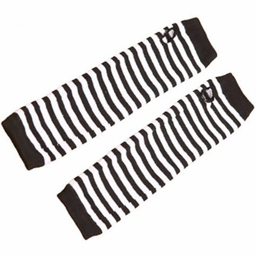 Ro Rox Gothic Striped Armwarmers Fingerless Thumbhole Elbow Gloves Knitted Punk, White, One-Size