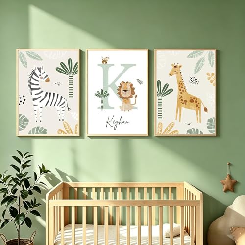 Youihom 3 Cuadros Animales Selva 30x40 Porter Nombre Personalizado Bebe Verde Boho Infntiles de Animales Jirafa Zebra Poster Lienzo sin Marco