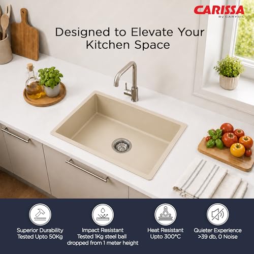 Image of Carissa By Carysil Titanium Max Plus Quartz Kitchen Sink 24 x 18 x 8 inches, Single Bowl Granite Sink with 80% Quartz & 20% Resin, Heat Resistant 300C, 50kg Load Bearing, Stain Resistant - Off White