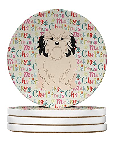 Caroline's Treasures Merry Christmas Lowchen Large Sandstone Coasters Pack of 4 Absorbent Round Coasters Decor Gifts for Men or Women, 4 in, Multicolor
