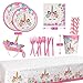 153 PCs Unicorn Party Supplies Set Themed Birthday Party Decorations Disposable Plates Cups Napkins Banner Balloons Headband Tablecloth Magic Unicorn Party Decor Pink for 16 Guests Girls Boys Kids