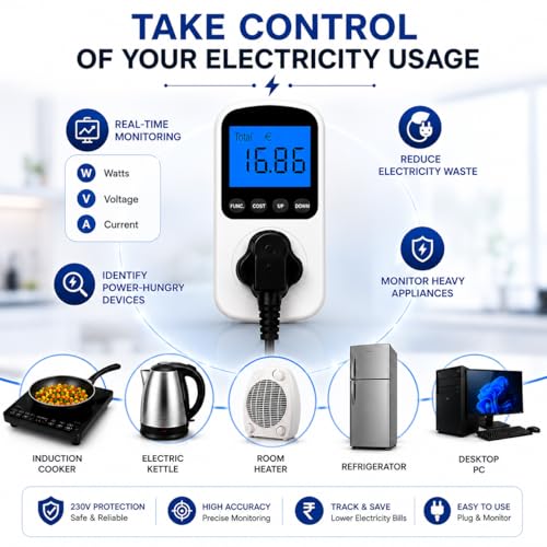 Image of Blackt Electrotech BT72PM3 Digital Energy Meter Plug - (3-Pin) 230V Electricity Usage Monitor with LCD Display - Real-Time Watts, Volts, Amps, kWh & Cost Tracking - Home & Office Power Analyzer