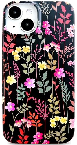 Qokey for iPhone 15 Case, Anti-Fingerprint - Black Garden Ratten Floral