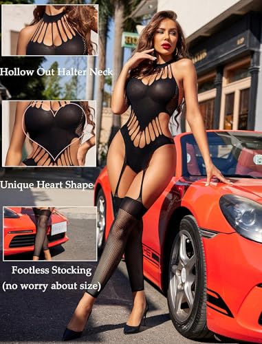 Image of GirlFriend Hot Women's Lingerie Set - Lace Babydoll Outfits 1 Piece Fishnet Bodysuit with attached Mini Skirt with Stockings Babydoll