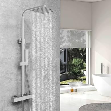 Foto di AICA ITALY ASTA DOCCIA con Soffione e Doccetta Quadrati Anticalcare, Colonna Doccia con Miscelatore Termostatico, Saliscendi Doccia Regolabile 73-117cm