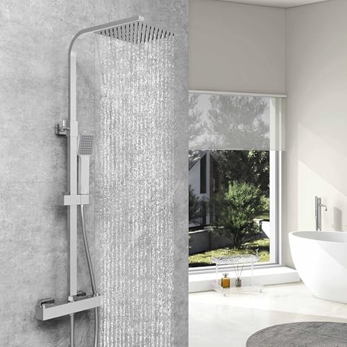 AICA ITALY ASTA DOCCIA con Soffione e Doccetta Quadrati Anticalcare, Colonna Doccia con Miscelatore Termostatico, Saliscendi Doccia Regolabile 73-117cm