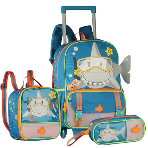 Kit Mochila de Rodinhas Tubarão Lancheira Térmica Estojo Escolar Infantil Menino