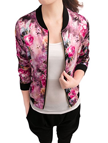 Allegra K Women's Long Sleeve Slant Pockets Zipper Fly Casual Jacket Fuchsia XL