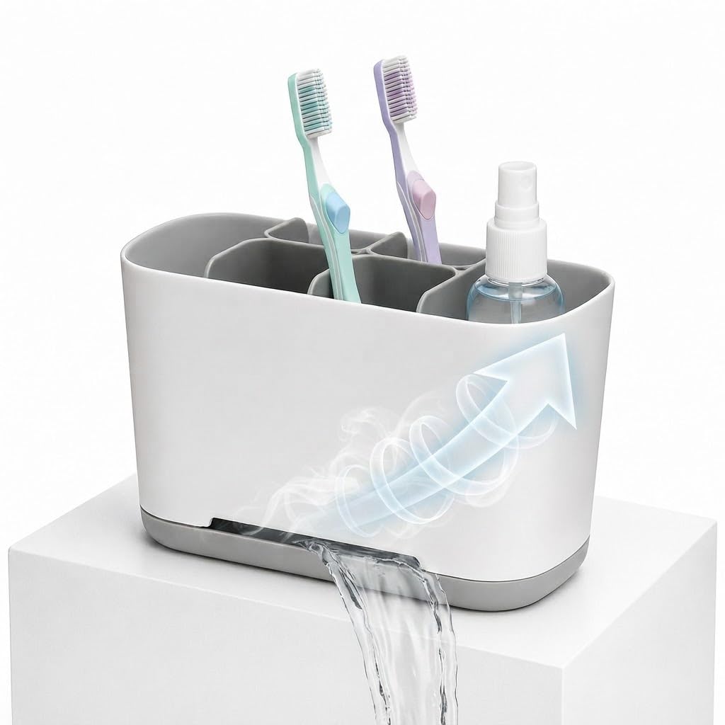 Toyana Toothbrush Holder for Bathroom Countertop Organiser with Detachable Drip Tray, Drainage Storage Caddy for Electric Toothbrush, Toothpaste & Razors