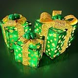 St Patricks Day Decor 3 Pack Lighted Gift Boxes, Green Boxes with LED String Light Up Timer Shamrock Irish Present Boxes for Indoor Outdoor St. Patrick Pathway Home Party Decoration