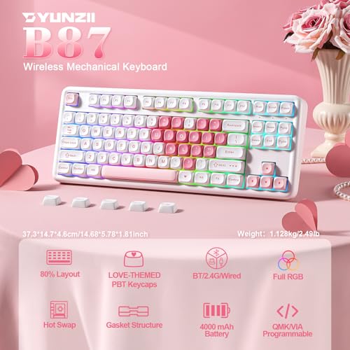 Image of YUNZII B87 Wireless Mechanical Keyboard,QMK /VIA Programmable,TKL Layout 87 Keys,BT /2.4G /USB-C,Hot Swap Gasket Mount RGB Backlit Gaming with Wrist Rest for Win /Mac (White Heart, Cocoa Cream V2)