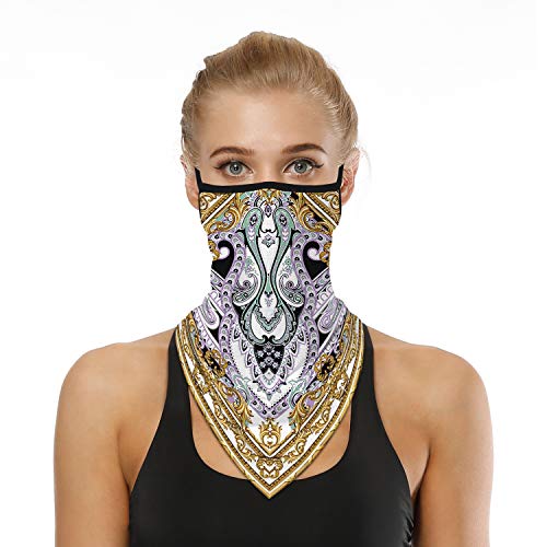 YAYOUREL Fashionable Boho Neck Gaiter Face Mask Covering Bandanas for Men Women Summer UV Face Scarf Mask Cover Ear Loop Hole Triangle Facemask Headbands for Fishing Running Hunting Cycling Gold