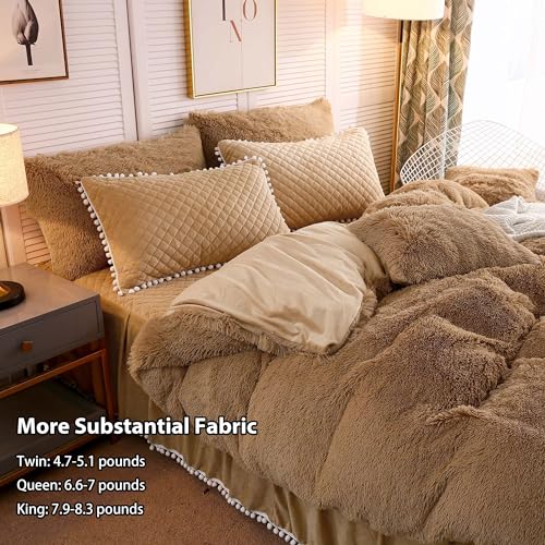 Image of LIFEREVO Luxury Plush Shaggy Duvet Cover Set, Soft Velvet Fluffy Furry Duvet Cover Set(1 Faux Fur Fuzzy Comforter Cover + 1 Pom-poms Pillow Sham)Solid Bedding Set, Zipper Closure(Twin /Twin XL, Camel)