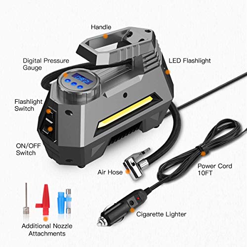 Image of EzLife Portable Air Compressor Tire Inflator EL-3631 | Car Tyre Pump with Digital Pressure Gauge (150 PSI 12V DC), Bright Emergency Flashlight - for Cars & Trucks (Portable Air Compressor)