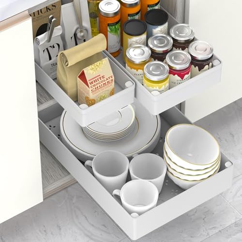 HASA Zone Confezione da 3 Cassetto Estraibile ABS, 3 Misure di Organizer per Cucina, Organizer Fisso Con Pellicola Nano Adesiva, per Dispensa e Bagno, Bianco