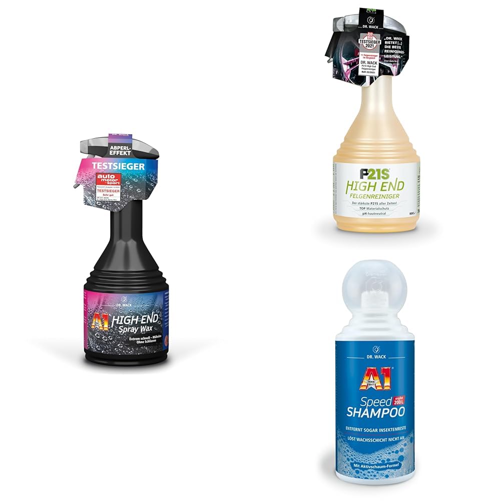DR. WACK HIGH END Trio Bundle: Lackversiegelung (A1 Spray Wax 500ml) mit Abperl-Effekt, P21S Felgenreiniger (750ml) mit Wirkindikator & A1 Speed Shampoo (500ml) für Tiefenreinigung