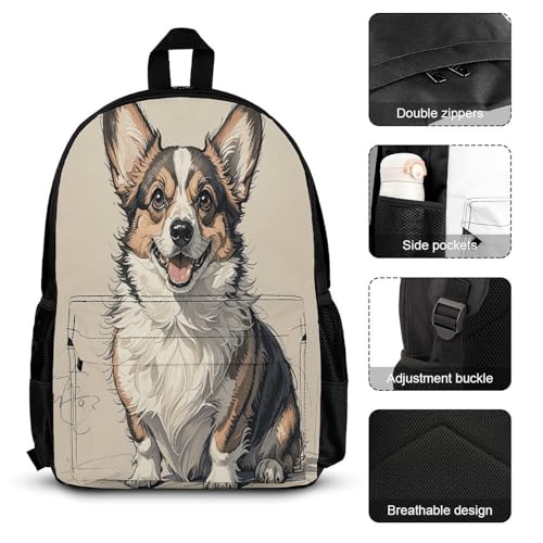 3-in-1 Backpack Combination Set Hand Drawn Sketch Corgi Print 3Pcs Backpack Sets Travel Daypack with Lunch Bag And Cosmetic Bag3