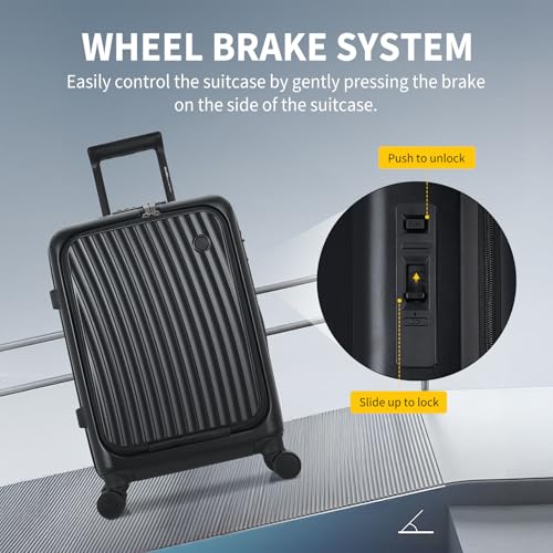 OIWAS 20 Inch Carry On Luggage, Front Pocket Carryon Suitcase with Phone Holder & Cup Holder, Airline Approved Hardshell Luggage with Double TSA Lock, USB Port, One-Click Brake, Black2