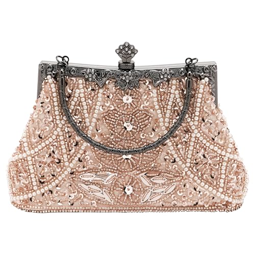 DODAMOUR Bolsa bordada com pérolas e lantejoulas, bolsa de mão estilo vintage com alça em relevo e alça de corrente, bolsa noturna feita à mão para casamentos, galas ou eventos formais (bege)
