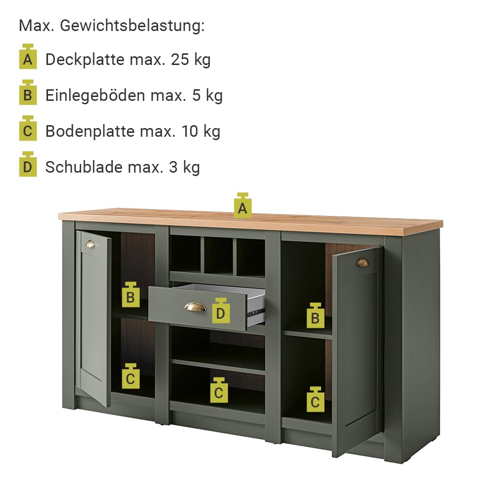 Lomadox Landhaus Wohnwand Set mit Anrichte, grün mit Wotan Eiche, mit Beleuchtung, Regalschrank, Standvitrine, TV-Lowboard, Wandregal und Sideboard