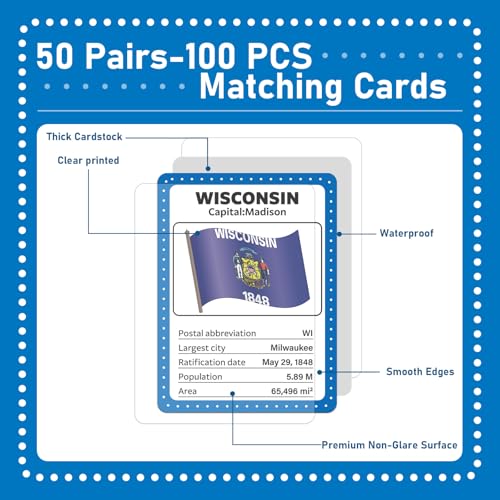 Image of gisgfim 100 PCS Memory Matching Game Flags of U.S. States Concentration Memory Card Educational Cards Games Geography Learn States Capitals Game Gift for Kid Adults Learning Activities Matching Games