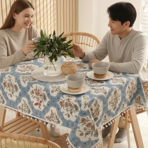 Image of RRC Microfiber Cotton Dining Table Cover 60 x 90 Inch for 6 Seater, Pack of 1 Rectangular Printed Table Cloth with Tassels, Washable Centre Table Cover, Durable & Fade Resistant