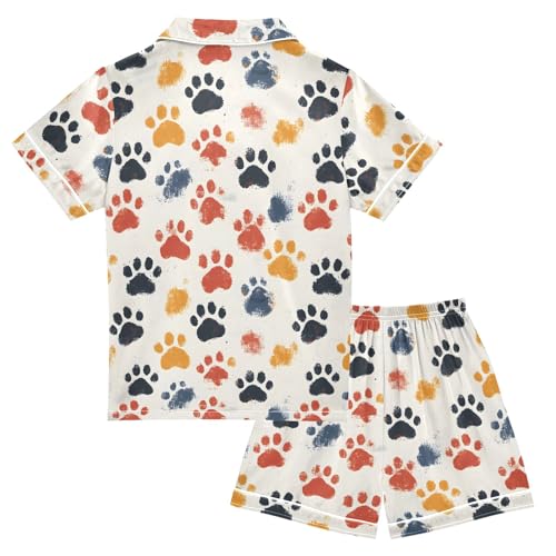 Colorful Paw Print Pattern Summer Satin Pajama Set, Cute Button-Down Sleepwear Pj Set for Sleep Wears2