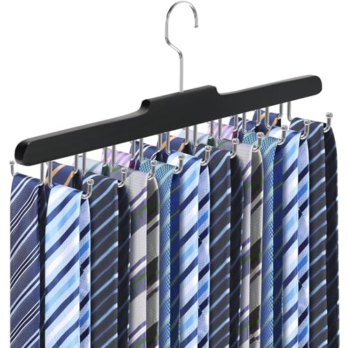 Tie Rack Belt Hanger for Closet Upgraded Non Slip Tie Hanger Space Saving with 20 Foldable Hooks Wooden Belt Tie Organizer for Tank Tops Bras Cami Scarves (Black 1 Pack)