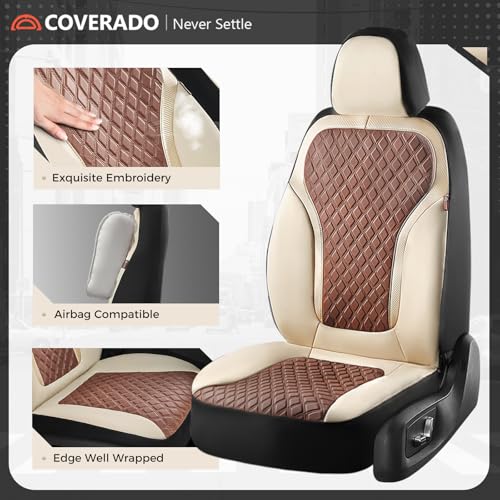 Image of Coverado Car Seat Covers Full Set, Beige Brown Car Seat Covers, Luxury Diamond Leather Car Seat Cover with Carbon Fiber Weave, Spill-Proof Seat Cushions, Automotive Seat Cover Universal Fit Most Cars