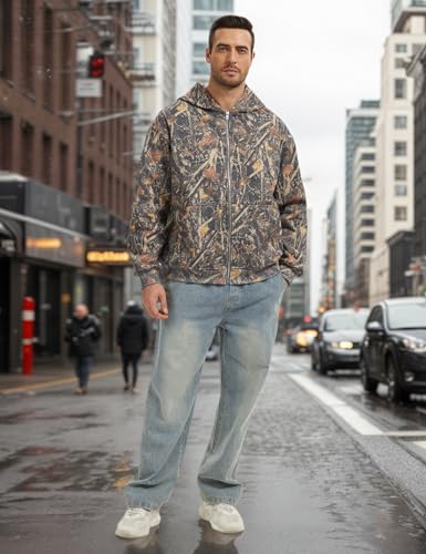 Camo Zip up Hoodie Men Full-Zip Fleece Hoodies Oversized Hooded Sweatshirts Maple Leaf Print Long Sleeve Sweatshirt