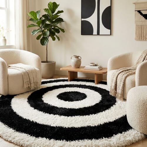 Image of Shaggy Polyester Microfiber Round Rug Carpet for Living Room | Ultra Soft Fluffy Plush Area Rug | Anti-Skid Non-Slip Backing | Washable Carpet for Bedroom- (5x5 feet, A4, Round)
