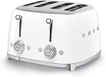 Smeg 50's Style Retro Aesthetic 4 Slice Toaster 6 Presets Extra Wide Slots, White, TSF03WHUS