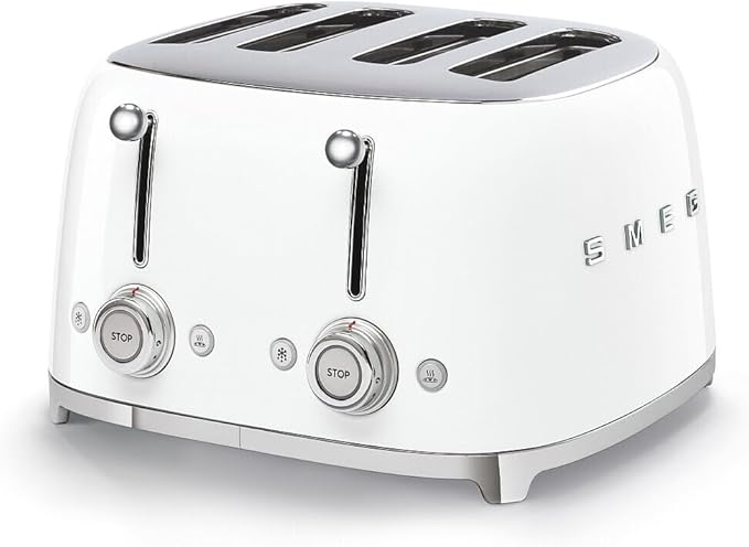 Smeg 50's Style Retro Aesthetic 4 Slice Toaster 6 Presets Extra Wide Slots, White, TSF03WHUS