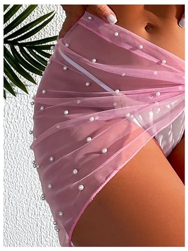 Image of GORGLITTER Women's Cover Up Sarong Wrap Skirt Bachelorette Outfits for Bride Sheer Mesh Bridal Swimsuit Pearl Bathing Suit