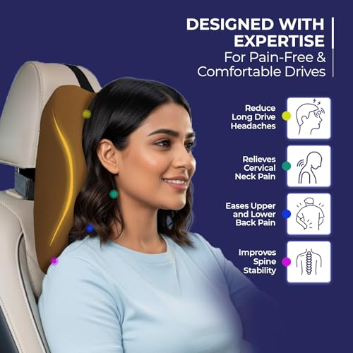 Image of WELLGIVER Orthopedic Memory Foam Car Neck Rest Pillow - Cervical Support Cushion for Neck Pain Relief, Adjustable Strap - Universal Fit for All Cars | TAN Velvet | Pack of 2