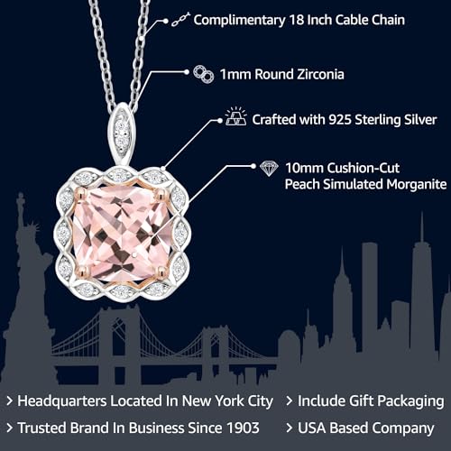 Gem Stone King 925 2 Tone Sterling Silver Peach Color Simulated Morganite Pendant Necklace For Women (4.49 Cttw, Cushion Cut 10MM, with 18 Inch Silver Chain) - Image 6