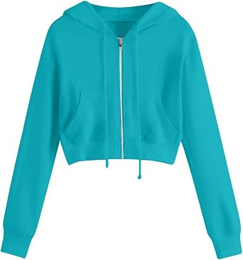 Womens Full-Zip Cropped Hoodies Fall Casual Drawstring Hooded Jacket Women Long Sleeve Lightweight Cardigan Coats