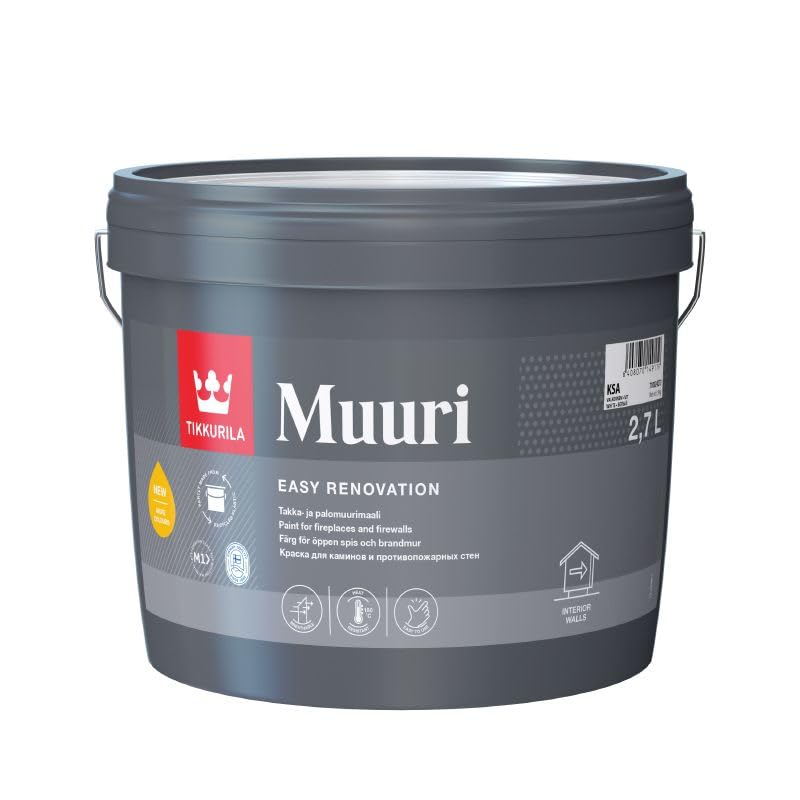 TIKKURILA Muuri Fireplace Paint – Heat Resistant Water-Based Paint for Fireplaces, Firewalls & Stoves – Withstands up to 180°C (3 Liters)