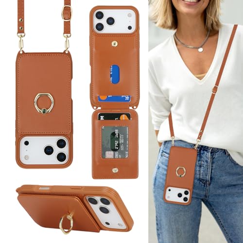 Lipvina for iPhone 17 Pro Max Case with Card Holder and Strap for Women,Crossbody Lanyard,RFID Blocking,Ring Stand,Snap Clasp,Cute Lightweight Leather Wallet Phone Case 6.9" (Brown)