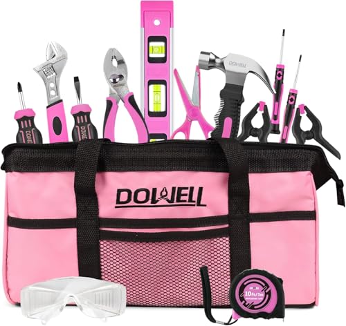 DOWELL 14 Stück Werkzeuge Set Pink, Werkzeugsatz mit Aufbewahrungstasche für Heimdekoration, DIY Gebäude und Holzbearbeitung, Alter 14+