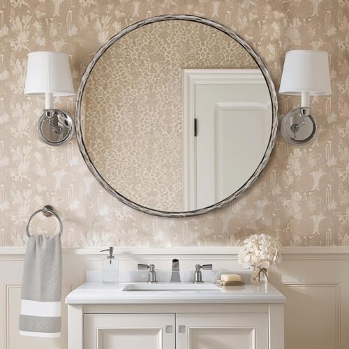 Image of ANDY STAR 30 Inch Bathroom Hammered Round Mirrors, Silver Hand-Forged Circle Wall Mirrors with Metal Frame, Antique Round Mirror for Wall, Livingroom, Entryways, Solid Steel, Anti-Rust
