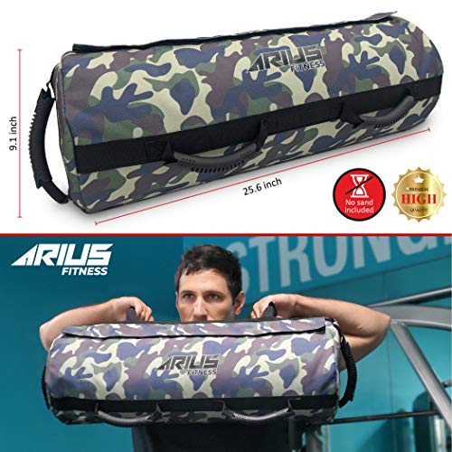 Arius Fitness Heavy Duty Workout Sandbag for Fitness with 3 Adjustable Filler Bags (10 to 60 lbs) and 6 Ultra Durable Handles, Tactical Training Weight Bags for Exercises and Military Conditioning