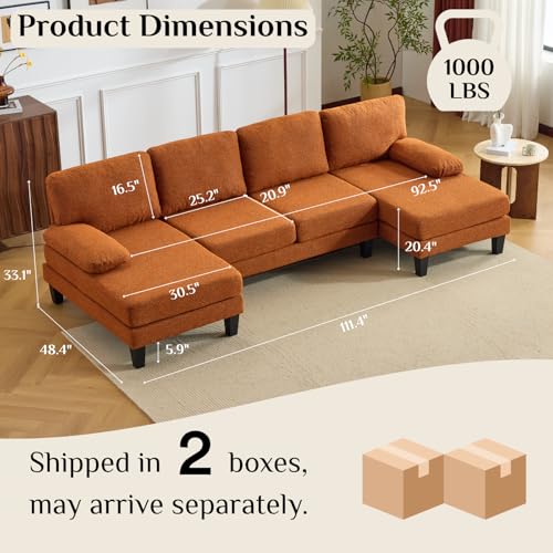 Image of Karl home Compact U-Shape Sectional Sofa Couch 111 inch 4-Seat Orange | Modern, Chenille Fabric Upholstered, Double Chaise, Wood Grain Legs for Living Room, Home Office, Apartment, Studio