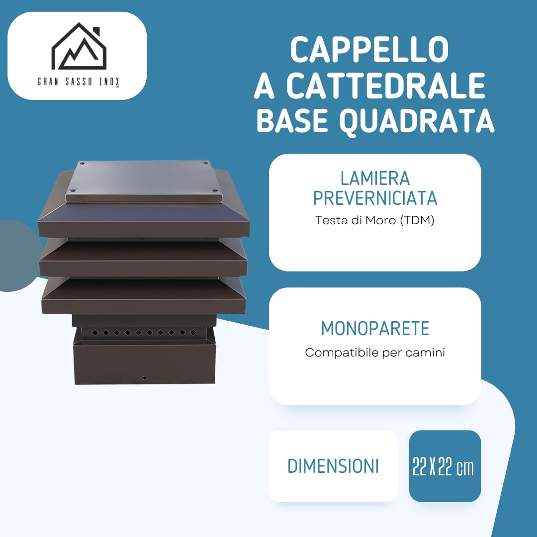 Cappello Lamellare Modello Cattedrale a Base Quadrata – Coperchio Smontabile - in Lamiera Preverniciata Testa di Moro (TDM) - per Camini (22x22 cm)