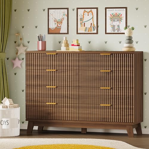Image of BORNOON Fluted 8 Drawer Tall Dresser, 47.2 inch Wide Modern Boho Chest of Drawers, Wooden Storage Dresser TV Stand for Bedroom, Living Room, Closet, Hallway, Curved Profile Design
