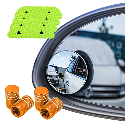 Senven Espejo De Punto Ciego (2 Paquetes) Adhesivo Reflectante (4 Paquetes) tapa valvula(4 Paquetes) Rimless Hd Cristal Gran Angular Girar Ajustable 360 ° Hd Espejo Retrovisor Universal - 10Paquetes