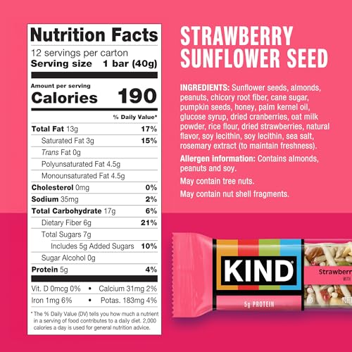 Image of KIND Healthy Snacks Bars, Strawberry Sunflower Seed, Gluten Free, High Fiber Snacks, 5g Protein, 12 Count