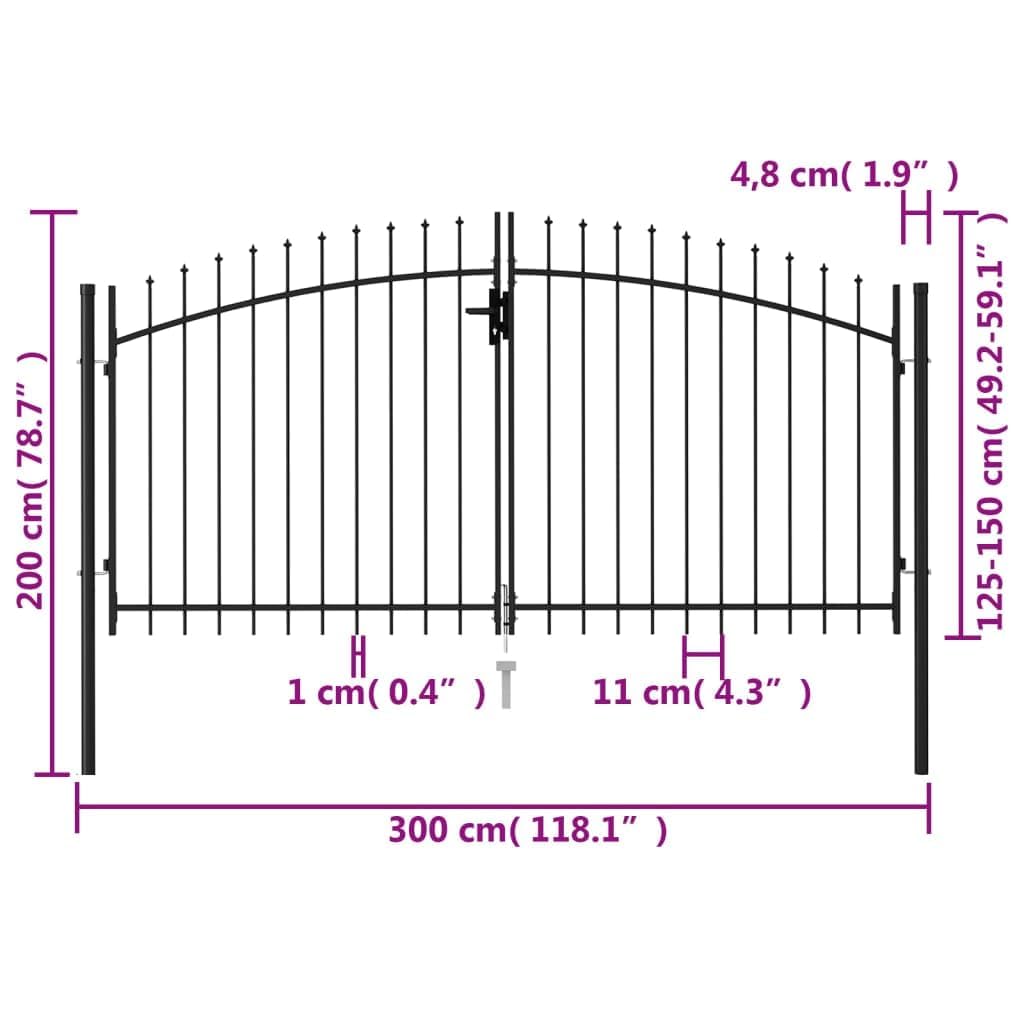 Refined Cancela de Valla Doble Puerta de Jardín Entada Vallado Exterior con Puntas de Acero Negro (3 x 1.5 m)