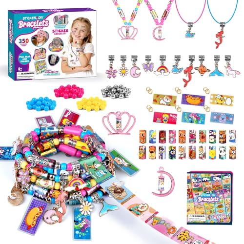 Sticker Bracelet Rolls Jewellery Making Kit for Girls - DIY Bracelet & Necklace Craft Set with 350 Reusable Stickers Beads & 12 Pendants - Creative Arts & Crafts Birthday Gifts for Kids Aged 5-10