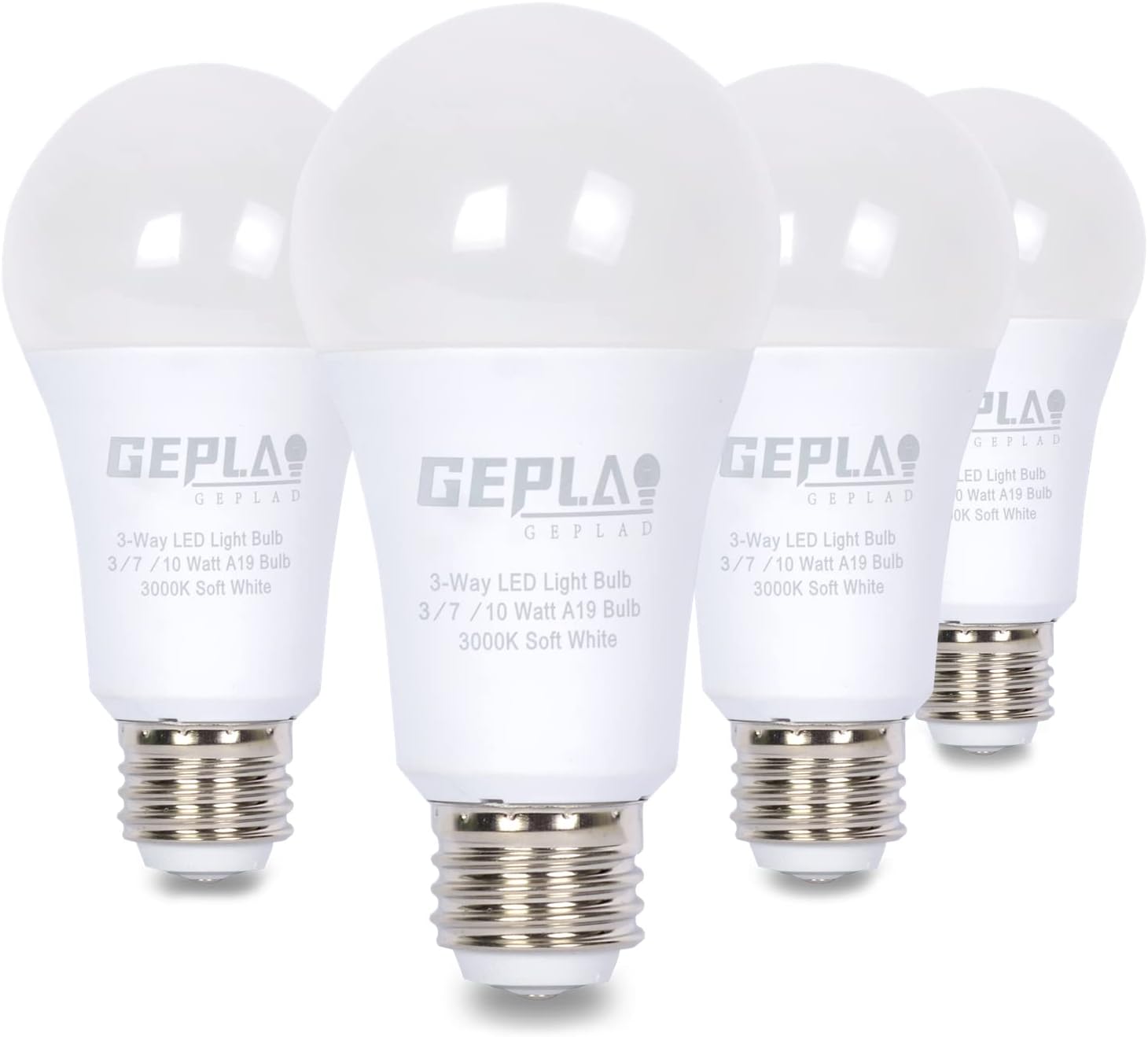 GEPLAD 4 Pack 3-Way Light Bulbs 30 70 100W Soft White 3000K Equivalent, Three Way LED Bulb 3/7/10W,400-1000-1400LM A19 E26 Base Light Bulb
